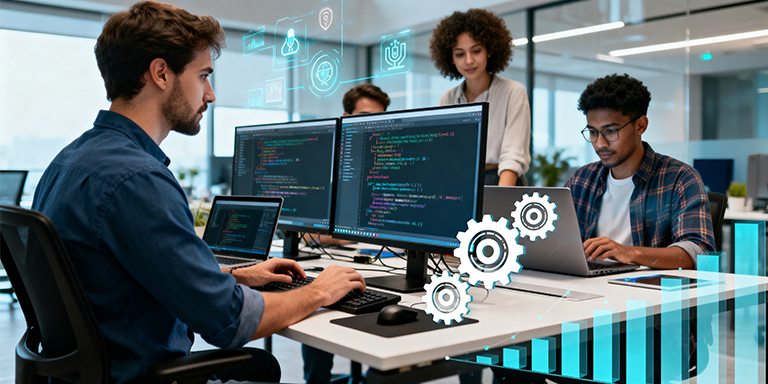 Developers collaborating in an office with multiple screens displaying code and software, emphasizing the role of developer experience in team productivity.